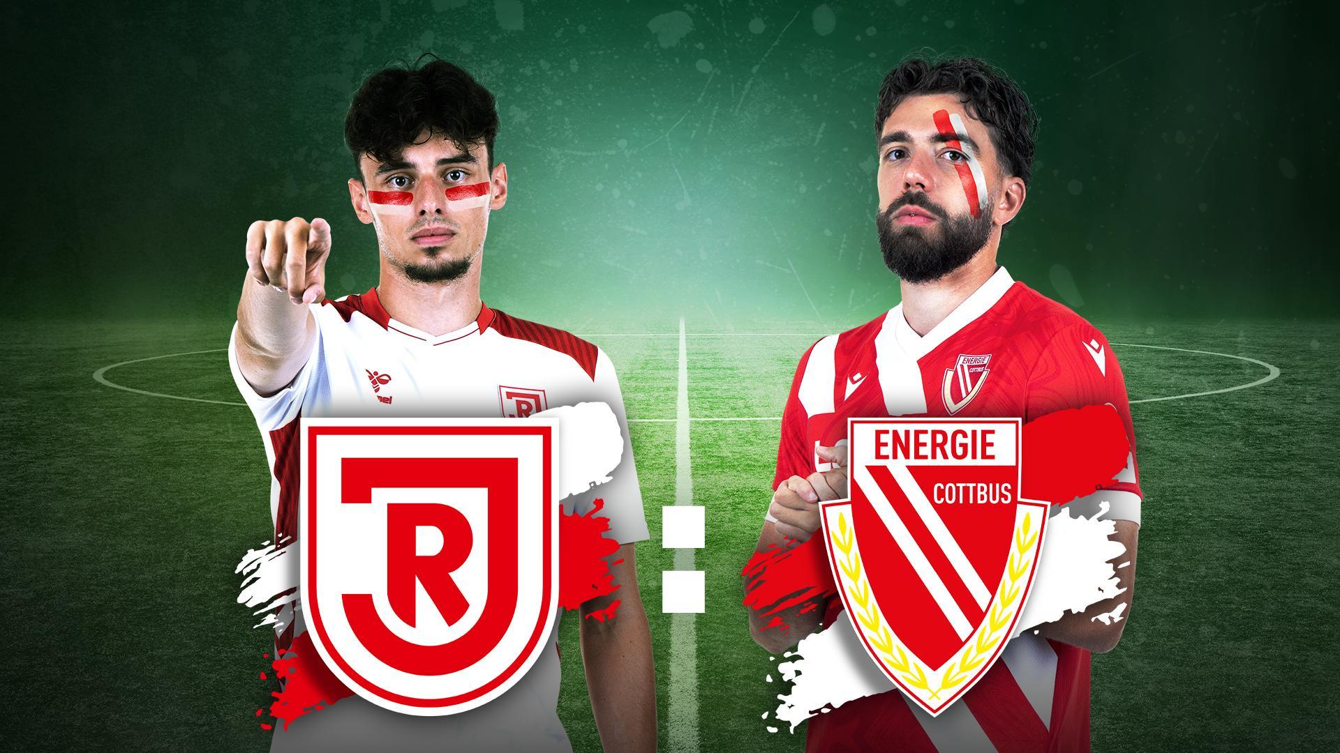 Werbegrafik mit den Spielern von SSV Jahn Regensburg und Energie Cottbus sowie Vereinslogos